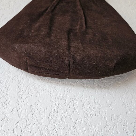 Vintage 30s 40s Brown Gathered Suede Leather Art Deco Handbag Frame Purse - Picture 3 of 7